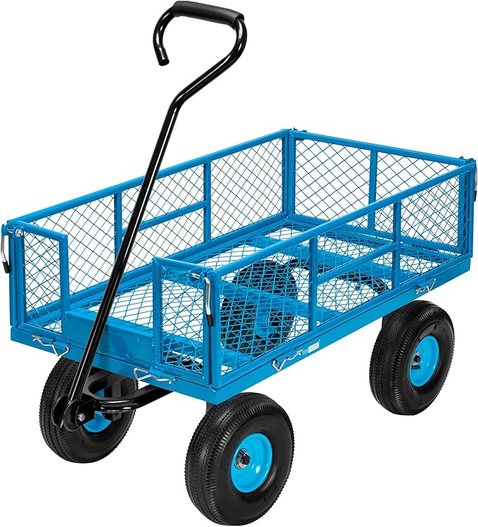 VIVOHOME Heavy Duty 880 Lbs Capacity Mesh Steel Garden Cart Folding Utility Wagon with Removable Sides and 4.10/3.50-4" Wheels 10 inch Tire (Blue)