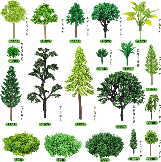 36 Pcs Green Mixed Model Trees with 40g Moss, Diorama Trees Grass Mini Fake Miniature Trees Moss for Building Model, Model Train Scenery, Natural Green Landscape, Railroad Scenery