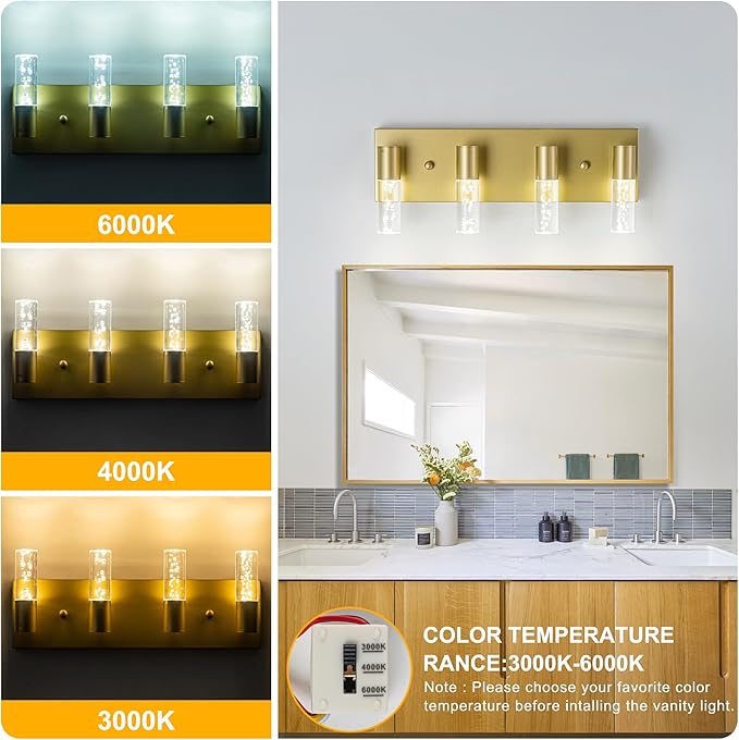 Bathroom Vanity Light Fixtures Over Mirror Brushed Golden Finish Coating