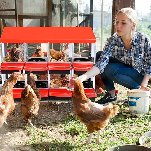 Garvee Chicken Nesting Boxes, 8 Hole Metal Chicken Laying Box with Removable Trays for Chicken Coop, Red