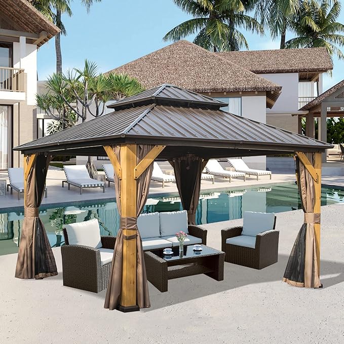 Domi 12' X 12' Wood Gazebo, Cedar Frame Hardtop Gazebo with Galvanized Steel Double Roof, Netting & Curtains, Patio Pergola Pavilion for Patio, Backyard, Deck, Lawns