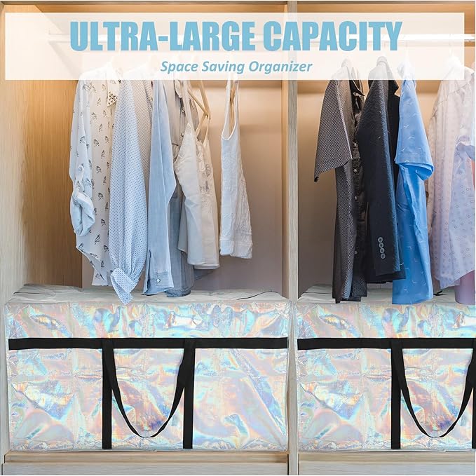 4 Pcs 66 Gallon Large Moving Bags with Zipper and Handles Foldable Storage Duffle Bags Heavy Duty Extra Large Totes for College Dorm Travel Clothes Blankets Bedding Moving (Iridescent)