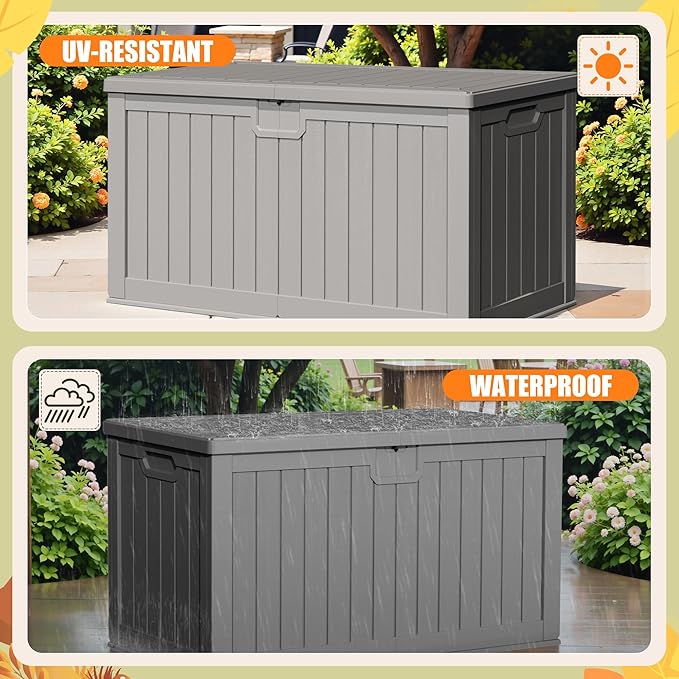 Devoko 240 Gallon Double-Wall Deck Box with Divider, Side Handles, Resin Outdoor Large Storage Box Waterproof and Lockable for Patio Furniture, Garden, Pool (Grey)