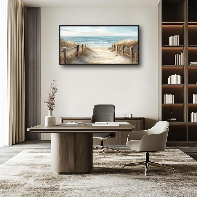 Olivine Beach Large Wall Art, Coastal Seascape Pictures Wall Decor, Nautical Paintings, Sea Canvas Prints, Framed Artwork for Dining Room Bedroom Living Room Office Bathroom Home Decoration 60"x30"