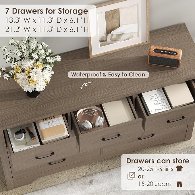 Farmhouse 7 Drawer Dresser for Bedroom, 51" Wide Chest of Drawers, Wooden Dresser TV Stand, Storage Dressers Organizer for Bedroom, Living Room, Hallway, Light Rustic Oak