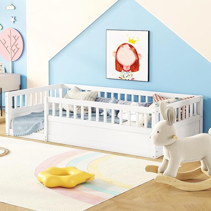 Bellemave Kids Montessori Floor Bed,Twin Size Floor Bed with High Fence and Door,Twin Bed Frame with Guardrails for Kids,Girls,Boys,Twin,White