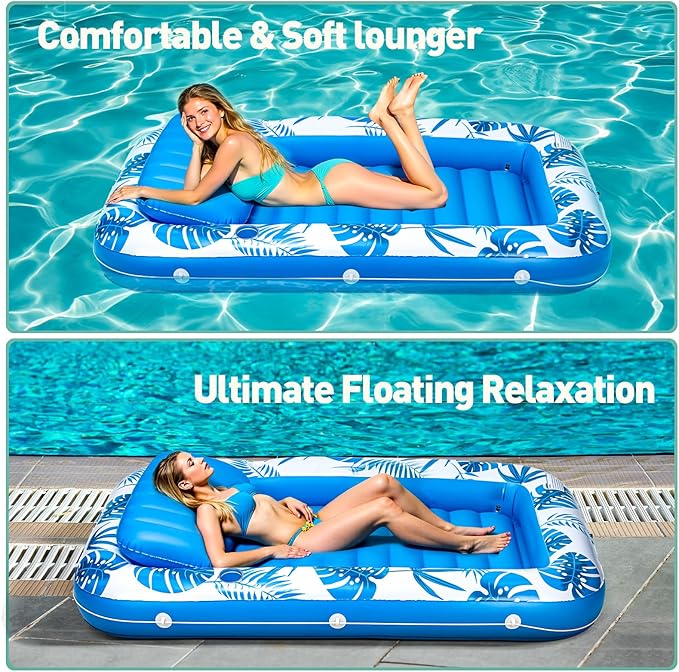 Pool Floats Inflatable Tanning Pool Lounger Float, 71" x 48" Large Pool Floats Adult with Pillow & Drink Holder,Sunbathing Water Lounge Floaties Tub Raft for Lake, Backyard, Beach Pool Party