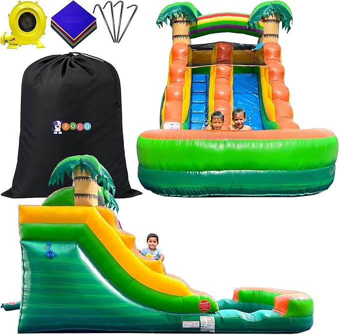 Pogo Bounce House Inflatable Water Slide for Kids & Toddlers with Inflatable Pool, Backyard, Park Commercial Use, Outdoor Water Play, Includes Blower Stakes, Splash Pool & Storage Bag, 21' x 9' - 12'