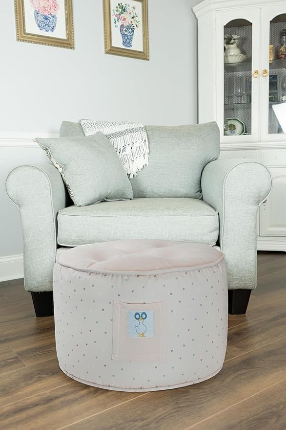 GooseWaddle Soft and Comfortable Kids Ottoman Toddler Pouf Seating for Your Little One's Playroom or Nursery (Hearts Light Pink)