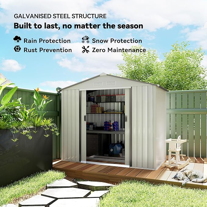 Outsunny 7' x 4' Outdoor Storage Shed, Garden Tool Metal Shed with Foundation Kit, Double Lockable Door, Air Vents and Sloping Roof, for Backyard, Patio, Lawn, White