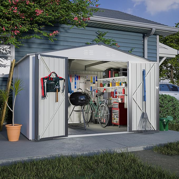 10X8 FT Outdoor Storage Shed W/Lockable Hinge Doors,Metal Shed W/Sloped Roof & 4 Air Vents,All Weather Garden Tool House for Backyard Patio Lawn,White