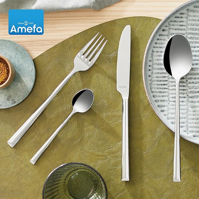 Amefa 45-Piece Silverware Flatware Cutlery Set Service for 8, Durable 18/10 Stainless Steel High Gloss Mirror Finish, tableware in Ergonomic Design Size and Weight, Dishwasher Safe (Metropole)