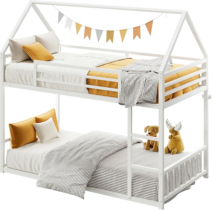 LIKIMIO Bunk Bed Twin Over Twin, House Bunk Bed Frame with Ladder and Guardrail, House Shaped with Metal Slats for Dormitory and Bedroom, Space Saving, No Box Spring Needed, White