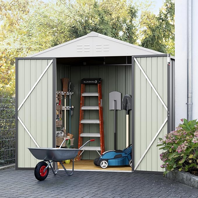 JUMMICO Metal Outdoor Storage Shed 6 x 8 FT Metal Shed with Lockable Door,Waterproof Garden Tool Shed Storage House for Backyard Patio Lawn,Grey