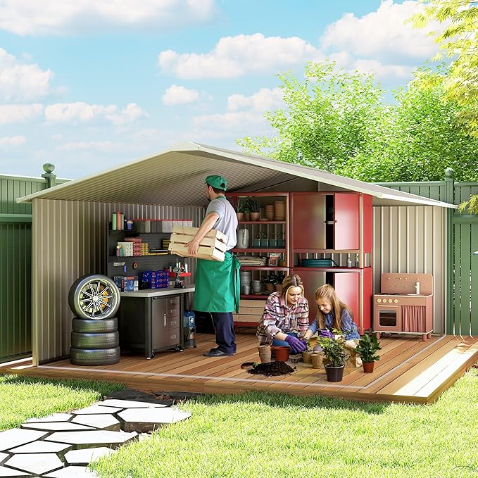 Outsunny 11' x 13' Outdoor Storage Shed, Garden Tool Metal Shed with Foundation Kit, Double Lockable Door, Air Vents and Sloping Roof, for Backyard, Patio, Lawn, Light Gray