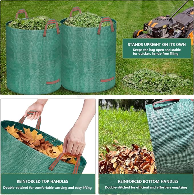 Reusable Yard Waste Bags, 72 Gallon Lawn and Leaf Bags 3 Pack with Reinforced Handles and Gardening Gloves, Heavy Duty Standable Garden Waste Bags for Leaves, Grass, Camping, Recycling