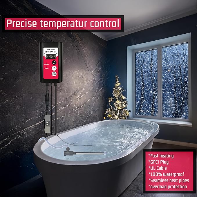 240V 3000W Titanium Submersible Electric Immersion Water Heater with Thermostat & GFCI – Portable Heater for Swimming Pools, inflatable pool, Above Ground Pool, Baptistry, Spa Tubs & Hot Tub