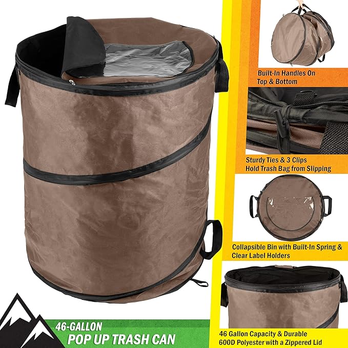 Wakeman Outdoor Trash Can - 46-Gallon Collapsible Garbage Can with 3 Stakes - Pop Up Trash Can for Camping, Storage, or Yard Waste Outdoors (Beige)