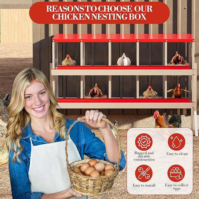 Metal Nesting Boxes for Chickens - 10 Compartments Chicken Roosting Boxes, Chicken Coop Nest Box with Legs, Perch & Lid - Versatile Wall Mount or Free Standing for Backyard Flock, Homestead, Farm