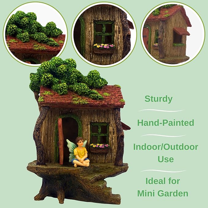 PRETMANNS Fairy House Kit - Fairy Garden Accessories for Outdoor Miniature Village Decor, with Three Fairies - House, 9’ High & Door can Open Wide - 4 Piece Supplies