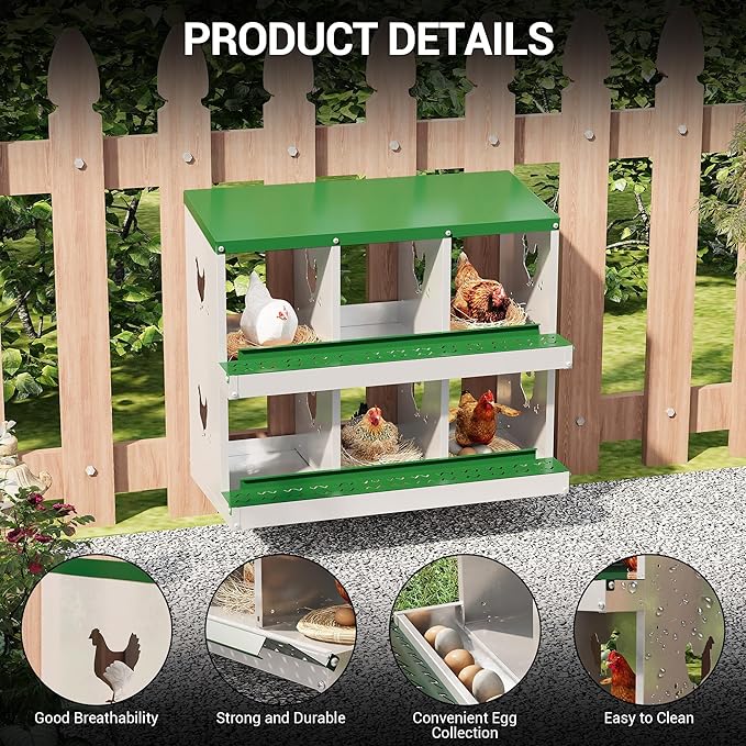 Heavy Duty Galvanized Metal Chicken Nesting Box - Rustproof Egg Laying Box for Hens with Slanted Roof, Rollout Design - Wall Mount or Freestanding Poultry Nest for Chicken Coop (6-Hole)