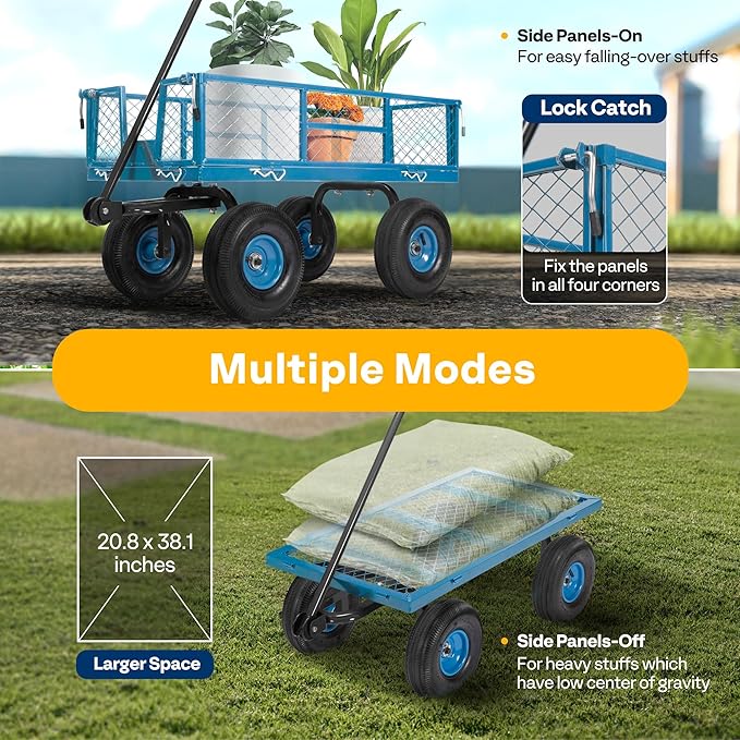 VIVOHOME Heavy Duty 880 Lbs Capacity Mesh Steel Garden Cart Folding Utility Wagon with Removable Sides and 4.10/3.50-4" Wheels 10 inch Tire (Blue)
