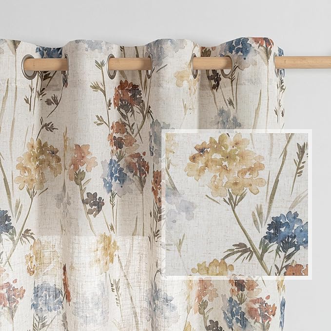 MYSKY HOME Floral Curtains 80 inch for Living Room Bedroom Linen Semi Sheer Light Filtering Privacy Protect Drapes Flower Print Farmhouse Soft Touch for Dining Room, Yellow, 52" Wide, Pack-2