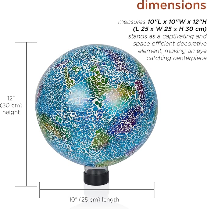 Alpine Corporation - Shades of Blue Crackle Glass Gazing Ball, Colorful Garden Décor for Patio & Yard, 12" Tall (Multicolor)