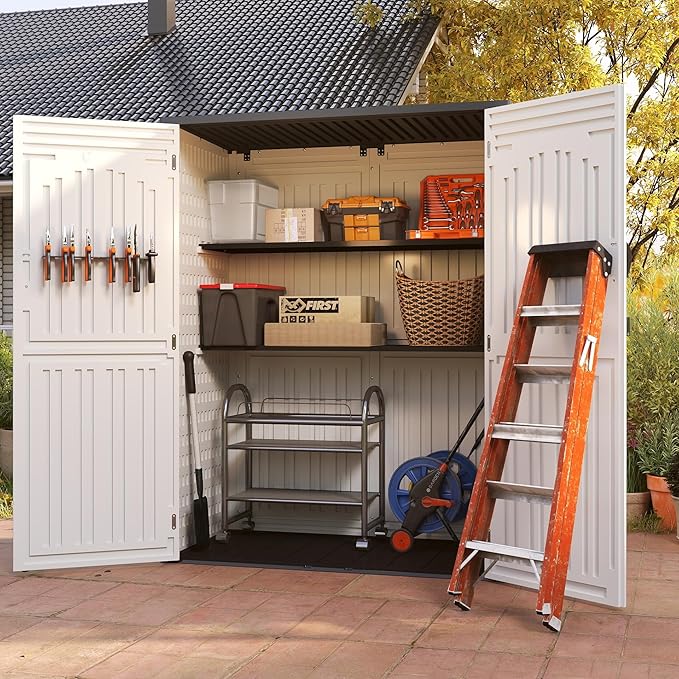 Vertical Resin Storage Shed, 60 Cuft Garden Tool Sheds & Outdoor Storage, Plastic Outdoor Storage Cabinet Waterproof, 4.5 x 2.3 ft Backyard Outside Lawn Mower Storage Shed, White