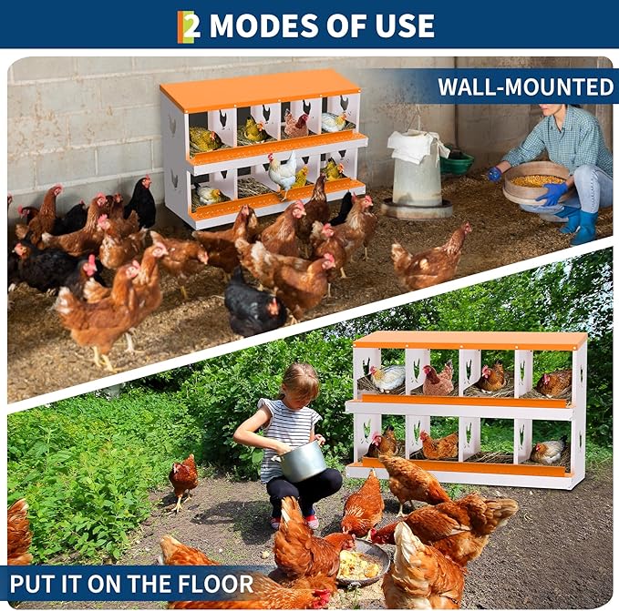 Chicken Nesting Box with Removable Tray, 8 Compartment Nesting Boxes for Chickens, Easy to Clean and Install, Durable Chicken Laying Boxes for Chicken Coop, Protects Eggs(Orange)