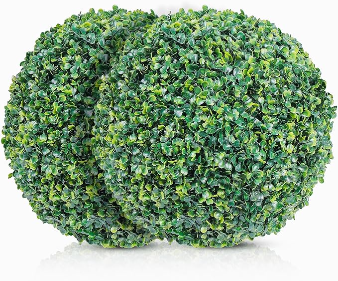 DRAY Premium 13" Faux Boxwood Balls – Set of 2 Artificial Topiary Spheres for Outdoor & Indoor Use – Realistic, UV-Resistant, Weatherproof Decorative Greenery – Check Measurements