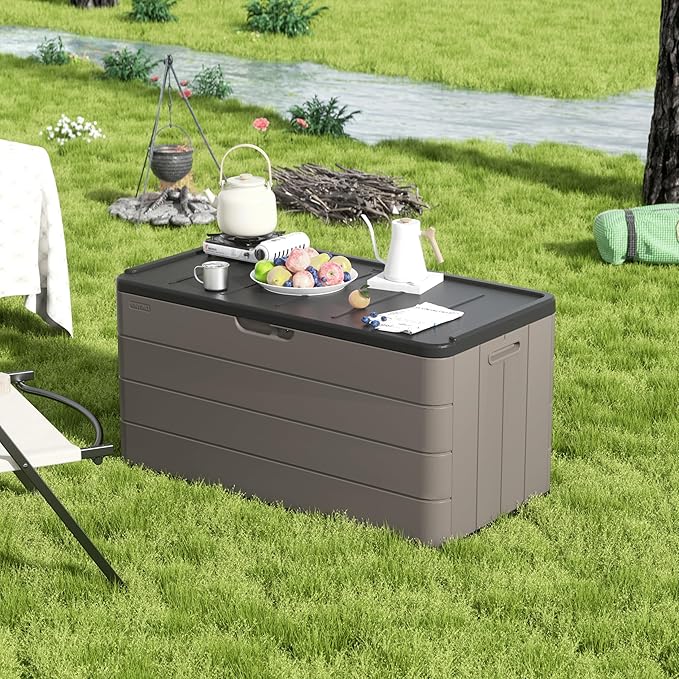 100 Gallon Large Resin Deck Box - Lockable Waterproof Outdoor Storage Bench for Patio Cushions, Garden Tools & Pool Accessories - Wood-Look Texture, Weather-Resistant for Backyard & Porch