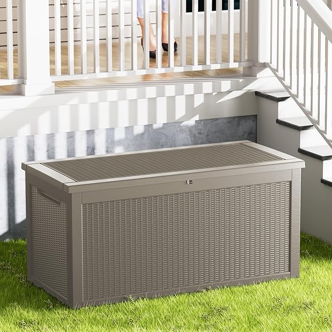320 Gallon Outdoor Storage Box Waterproof Lockable Resin Deck Box Large, Patio Storage Bin for Pool Accessories Cushion Furniture, Garden Tools, UV-Resistant Outside Delivery Grey