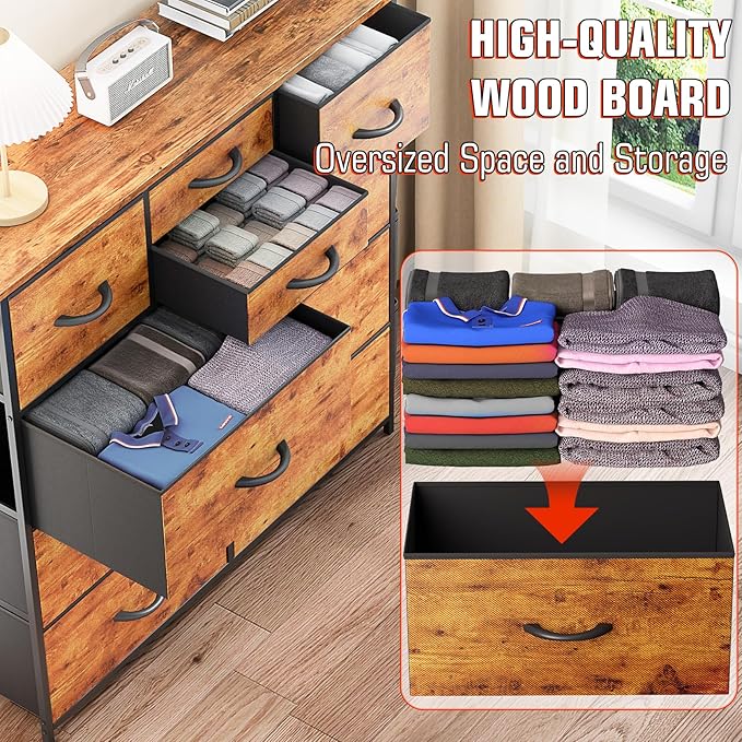 10 Drawer Dresser, Chest of Drawers for Bedroom, Fabric Dresser Drawers with Side Pockets, Hooks, Wooden Top and Sturdy Metal Frame for Living Room, Closet, Hallway (Brown)