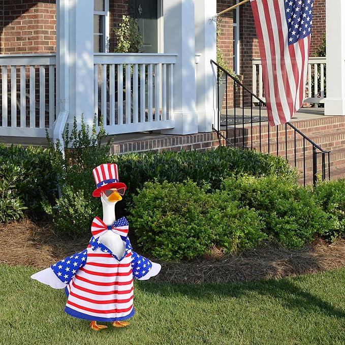 4 Pcs/Set 4th of July Porch Goose Outfit, 23" High Lawn Goose Statue Patriotic Costume Clothing, Independence Day Porch Garden Geese Clothes with Hat Glasses Bow Tie for Outdoor Patio Yard Decoration
