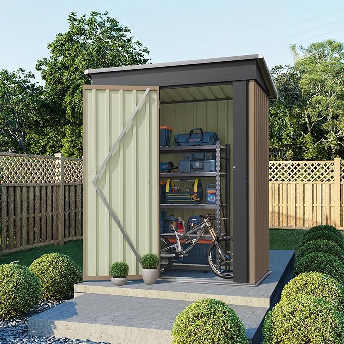 Flamaker 5x3 FT Storage Shed Waterproof Metal Garden Shed with Lockable Door Utility Tool Shed Outdoor Storage for Backyard, Patio and Lawn, Brown