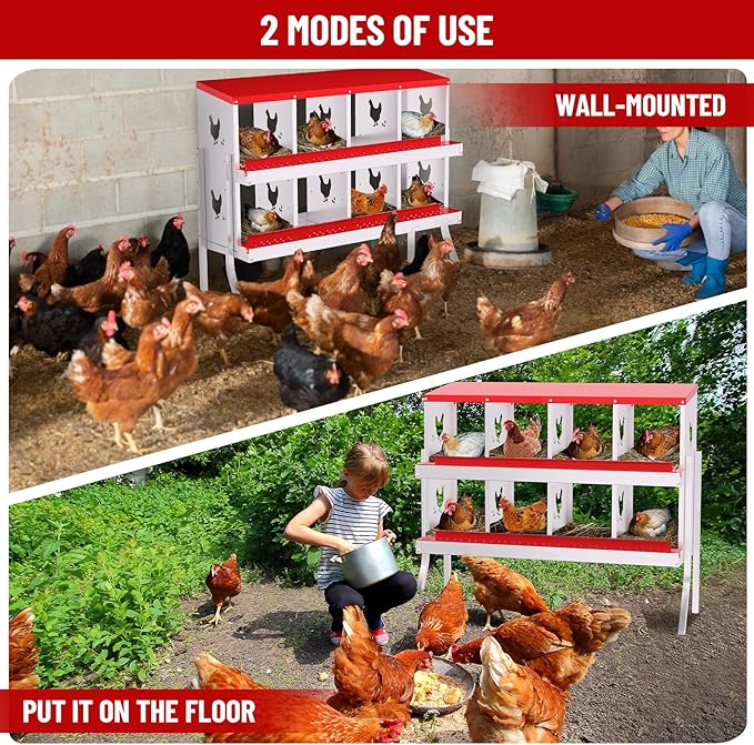 8 Holes Chicken Nesting Boxes, 2 Tiers 8 Compartments Metal Egg Laying Boxes with Legs, Wall Mount or Free Standing, Ventilated for Chickens, Hens, Ducks, Farm, Yard, Poultry Coop Accessories, Red