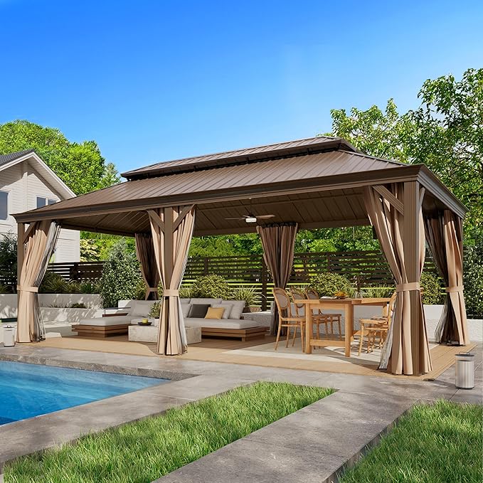 EROMMY 12'x24' Hardtop Gazebo Double Roof Galvanized Steel Canopy Outdoor Aluminum Frame Permanent Metal Pavilion with Netting and Curtains for Patio Backyard Deck and Lawns