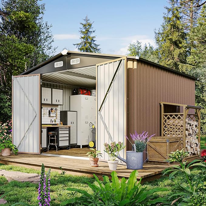 10x10 FT Metal Outdoor Storage Shed, Dual Doors with Lockable Bolts, Large Garden Shed for Yard Tools, Bike, Generator, Waterproof Galvanized Steel Panel with Vent & Sloping Roof (Brown)