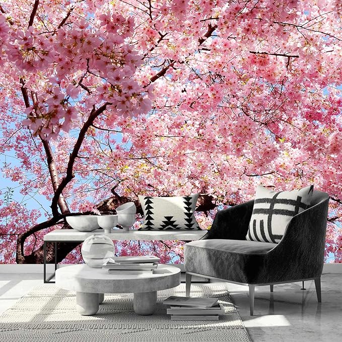 AFZEVEB-Pink Flower Wallpaper Natural Landscape Floral Wall Mural for Bedroom 114"x74"(Not Peel and Stick)