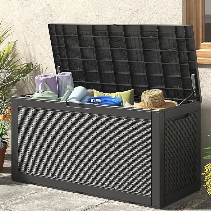 NUNU LAB 101 Gallon Resin Deck Box – Large Lockable Outdoor Storage Box with Gas Lift, Waterproof Patio Storage for Cushions, Garden Tools, Pool Supplies, and More, Black