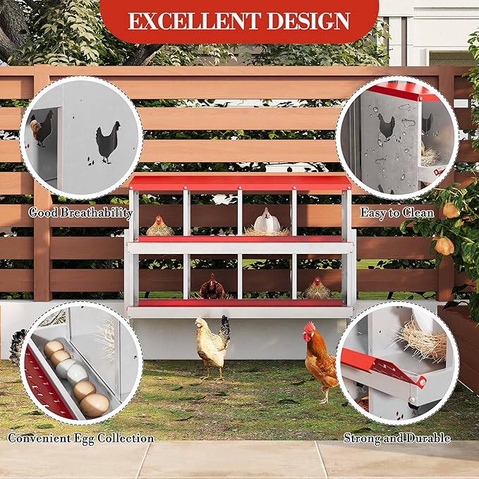 Metal Nesting Boxes for Chickens - 8 Compartments Chicken Roosting Boxes, Chicken Coop Nest Box with Legs, Perch & Lid - Versatile Wall Mount or Free Standing for Backyard Flock, Homestead, Small Farm