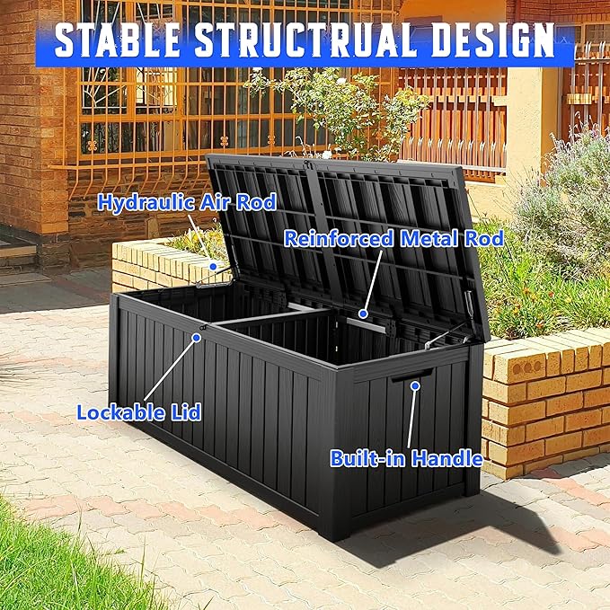 NUNU LAB 180 Gallon Outdoor Storage Box,Large Resin Sturdy Deck Box, Backyard Outside Storage Box Waterproof with Double Wall Panels,Package Delivery Garden Hose Storage Bin Outdoor Tool