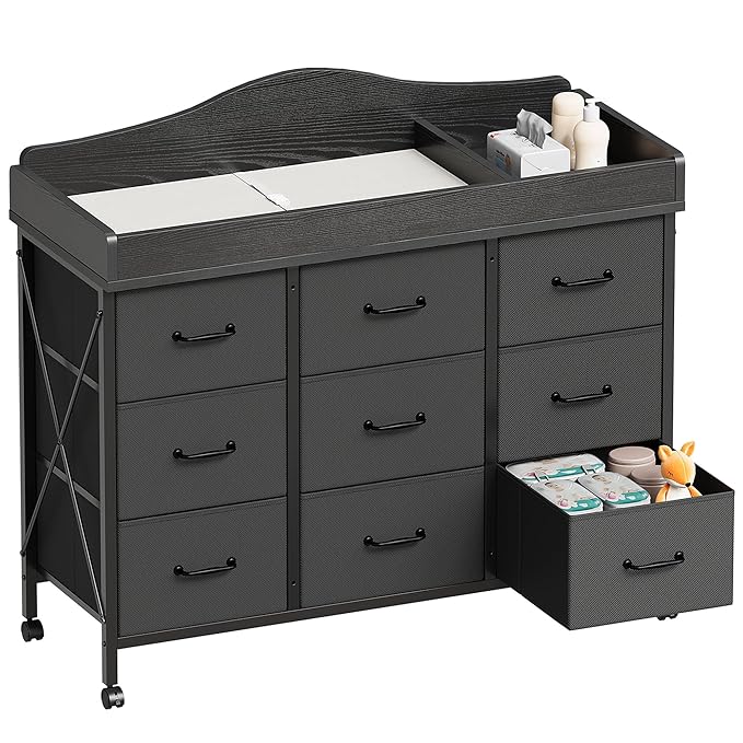 Baby Changing Table with 9 Fabric Drawers, Waterproof Diaper Changing Station & Pad, Mobile Nursery Diaper Changing Table, Baby Furniture, Bedroom, Black