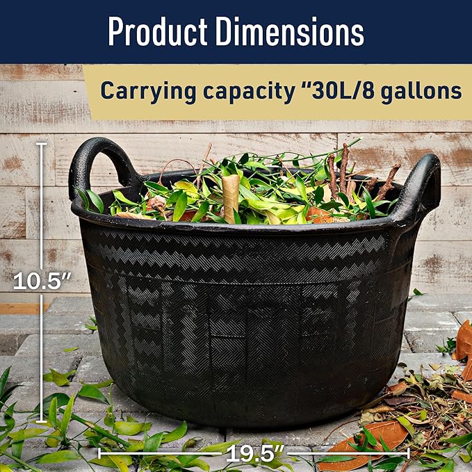 Large Bucket with Handles - 30L/8-Gal Natural Rubber Bucket - Multi Use Yard Waste Bin, Harvesting Basket for Gardening, or Utility Tub for Soaking and Washing Laundry by Kings County Tools (Black)