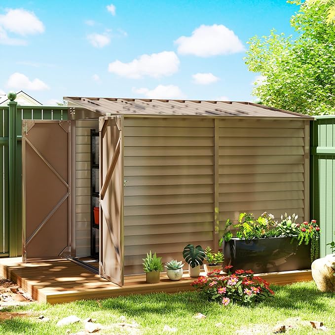 Outsunny 4.6' x 9' Steel Outdoor Storage Shed, Lean to Shed, Metal Tool House with Foundation Kit, Lockable Doors, Gloves and 2 Air Vents for Backyard, Patio, Lawn, Brown