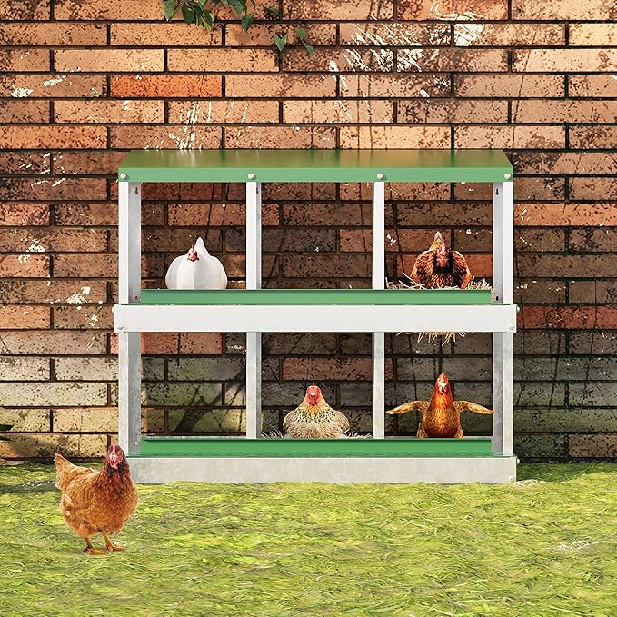 Heavy Duty Galvanized Metal Chicken Nesting Box - Rustproof Egg Laying Box for Hens with Slanted Roof, Rollout Design - Wall Mount or Freestanding Poultry Nest for Chicken Coop (6-Hole)