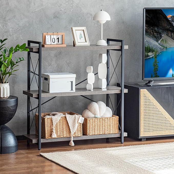 HCHQHS Bookshelf, 3-Tier Industrial Bookcase, Rustic Open Book Shelf, Freestanding Horizontal Bookshelves with Metal Frame
