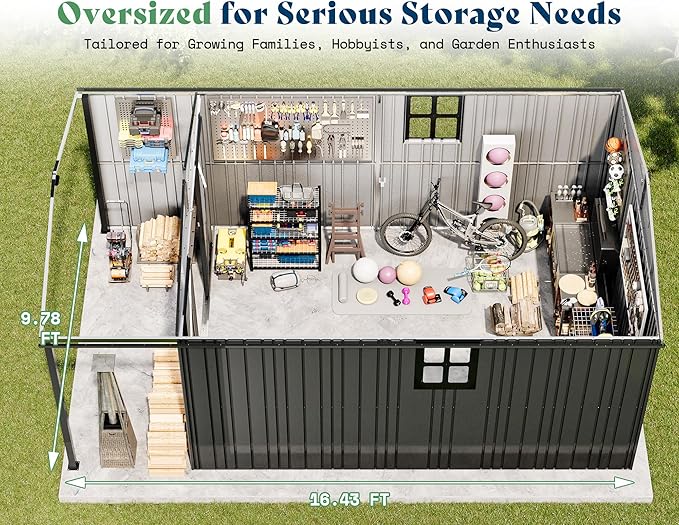 AMERLIFE 10x16.6x7.3 FT Metal Storage Shed with Lounge Area, Sliding Doors, 2 4-Pane Windows & Vents, Outdoor Tool Shed for Garden & Backyard, Heavy-Duty Weather-Resistant Steel, Dark Gray