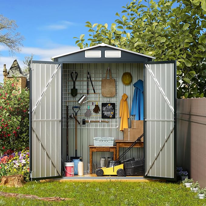5x3X6.3FT Outdoor Steel Storage Shed with Lockable Doors and Frame Floor, Compact Small Bike Shed, Ideal for Garden, Backyard, Swimming Pool, Patio Utility and Tool Storage
